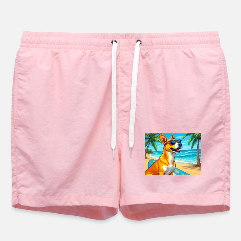 Chien de plage avec planche de surf et lunettes de soleil - Short de bain - rose