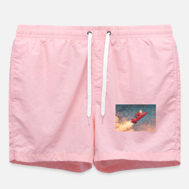 Whimsical Rocket Ride Illustration - Swim Trunks - pink