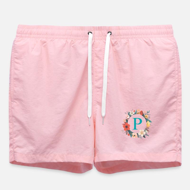 P Monogram, Flower Wreath, Personalizable - Swim Trunks - pink