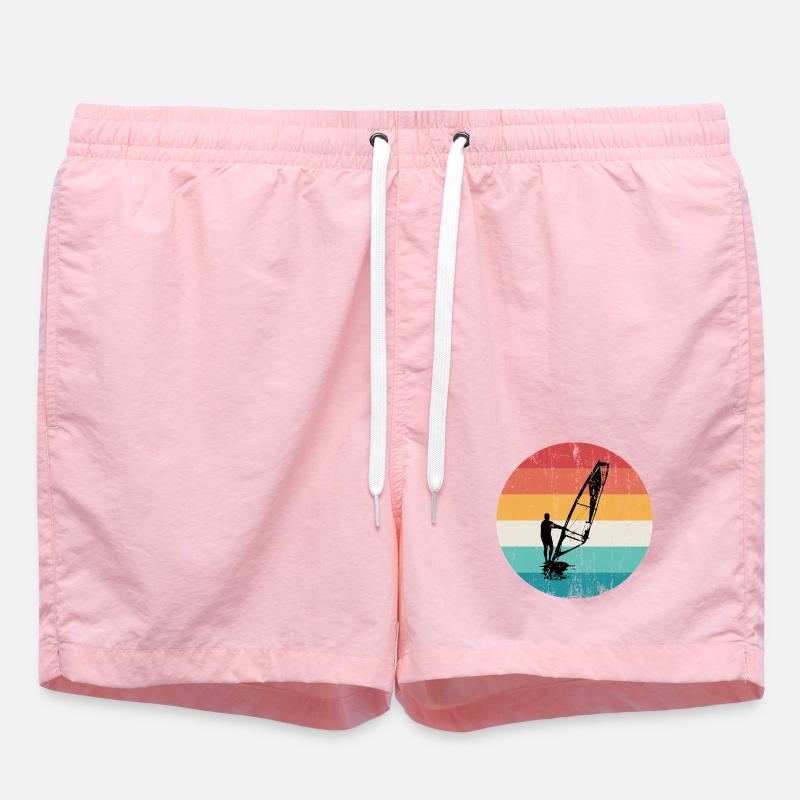 Retro Windsurf Silhouette Over Sunset Stripes - Swim Trunks - pink