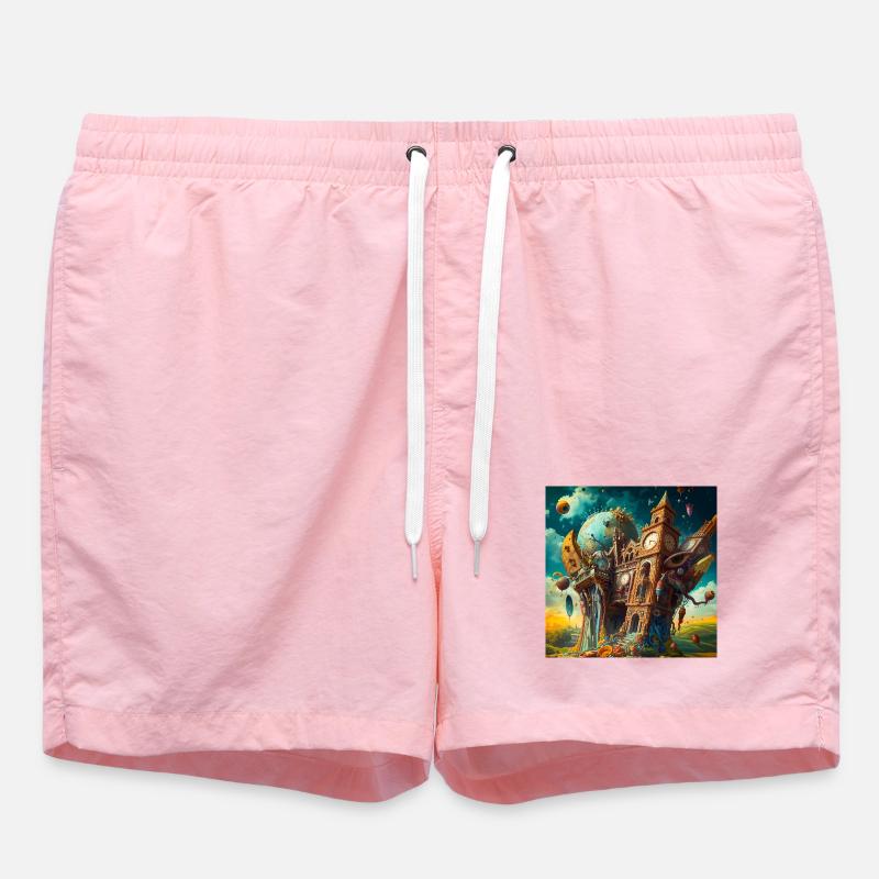 Surreal clock tower and globe - Swim Trunks - pink