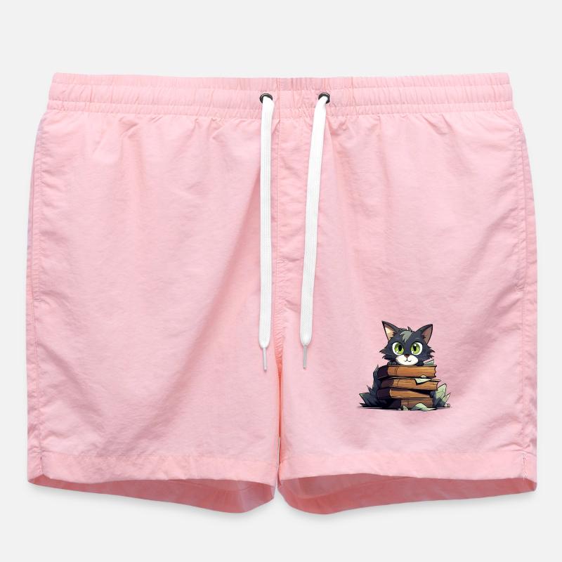 Cat Book Stack - Swim Trunks - pink