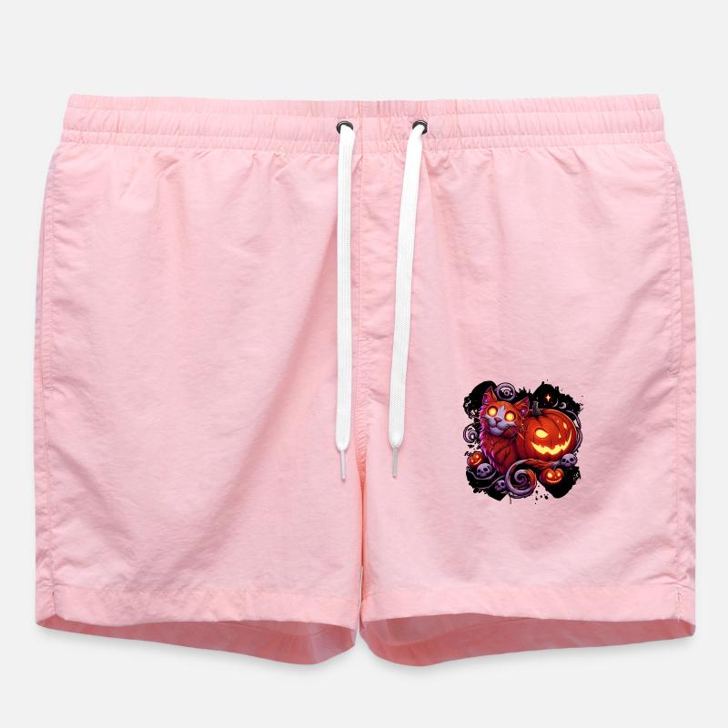 Mystical Cat & Glowing Pumpkins - Swim Trunks - pink