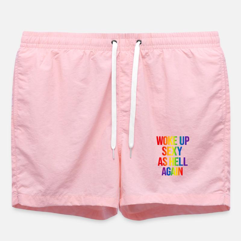 Rainbow Text Woke Up Sexy - Swim Trunks - pink