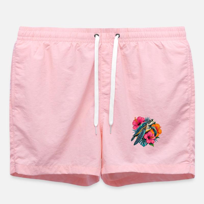 Turtle in tropical blossom design - Swim Trunks - pink