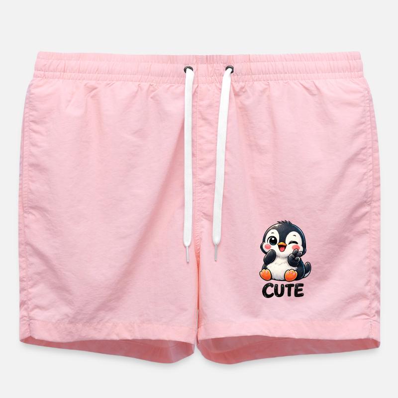Cute Shy Penguin Cartoon Chibi Peace - Swim Trunks - pink