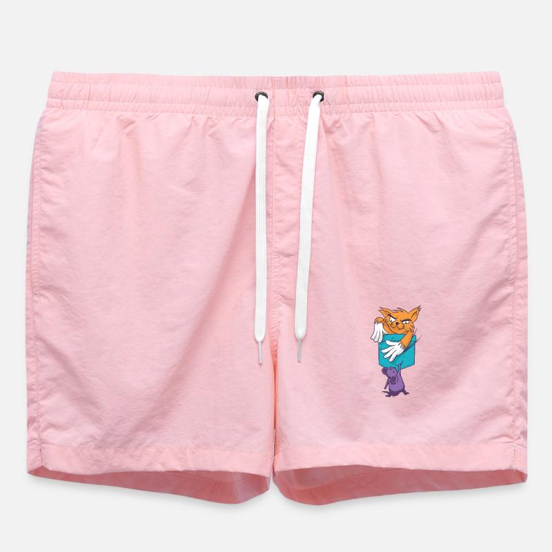 Playful Cat with Mouse Pattern - Swim Trunks - pink