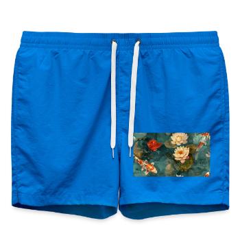 Koi and Lotus Flowers on Teal Water - Swim Trunks - cobalt blue - Front