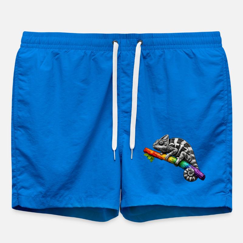 Rainbow Chameleon on Branch - Swim Trunks - cobalt blue