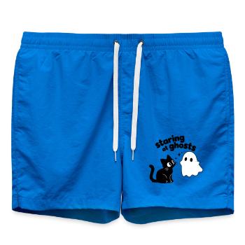 Cute Cat Meets Ghost | Minimal Halloween Motif - Swim Trunks - cobalt blue - Front