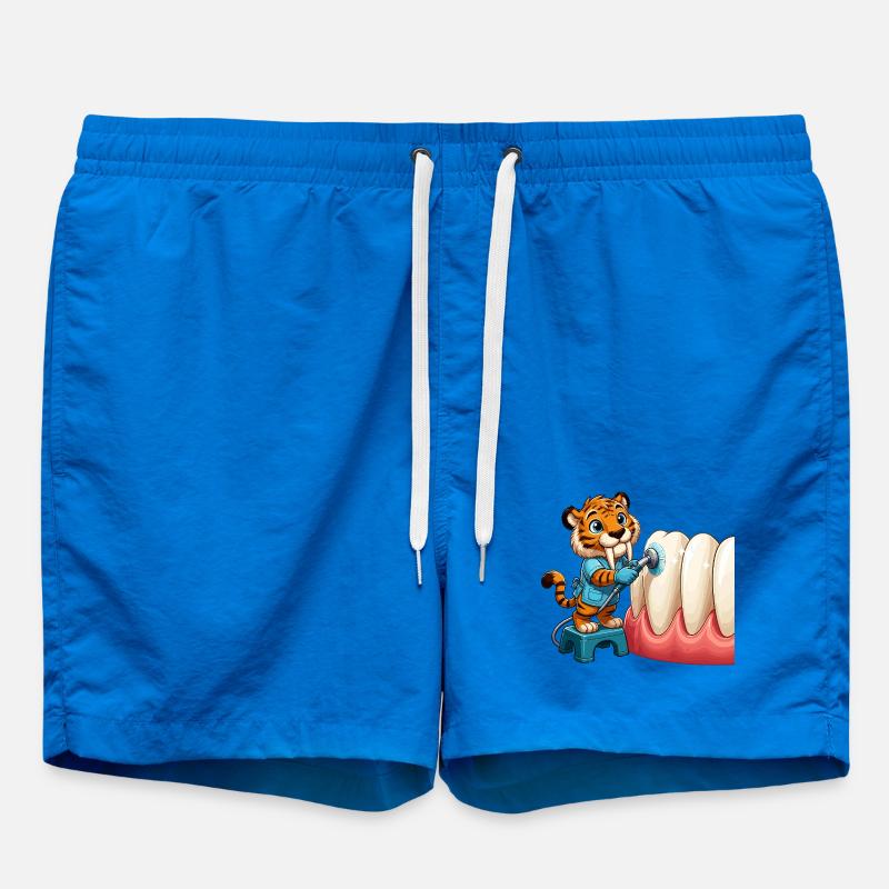 Tiger Brushing Teeth Cartoon - Swim Trunks - cobalt blue