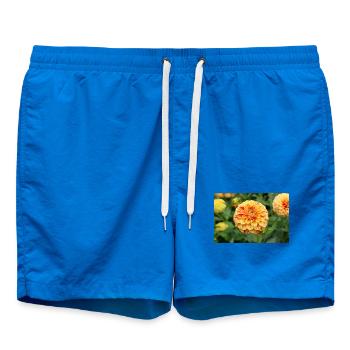 Yellow Dahlia Blossom Flower Poster - Swim Trunks - cobalt blue - Front - AI Model Male 185 light (185cm)