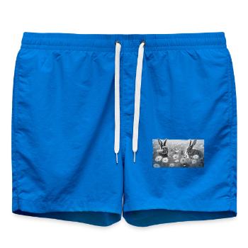 Lapins sur prairie fleurie GRIS avec bord effiloché - Short de bain - cobalt blue - Devant - AI Model Male 185 light (185cm)