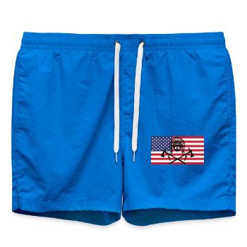 Indian skull and American flag - Swim Trunks - cobalt blue - Front - AI Model Male 185 light (185cm)