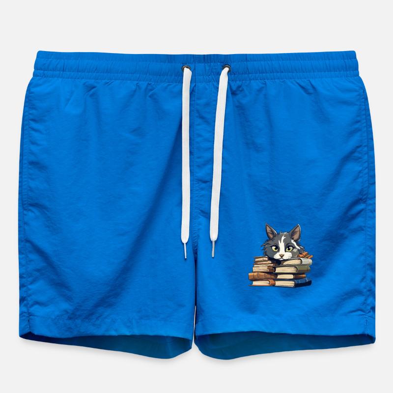 Book Stack Cat Bibliophile - Swim Trunks - cobalt blue