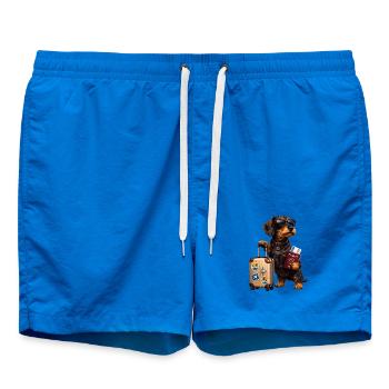 Dachshund Motif Holiday – Funny Dog with Suitcase and - Swim Trunks - cobalt blue - Front - AI Model Male 185 light (185cm)