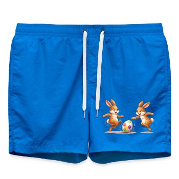 Easter bunnies playing soccer with colorful easter egg - Swim Trunks - cobalt blue - Front
