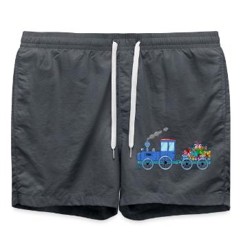Kinderzug Eisenbahn mit Anhänger in blau - Badeshorts - Anthrazit - Vorne - AI Model Male 185 light (185cm)