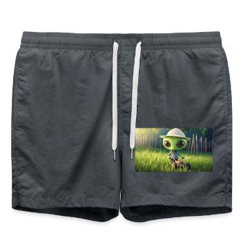 niedliches kleines grünes Retro Alien Rasen mähen - Badeshorts - Anthrazit - Vorne - AI Model Male 185 light (185cm)