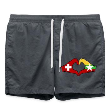 Switzerland Myanmar Flag Hands Heart Shape - Swim Trunks - anthracite - Front - AI Model Male 185 light (185cm)