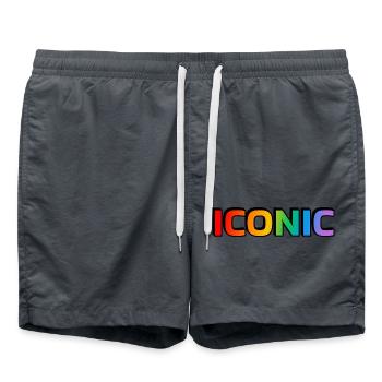 Regenbogen Text Ikonisch - Schwule Ikone - LGBT Pride Monat - Badeshorts - Anthrazit - Vorne - AI Model Male 185 light (185cm)