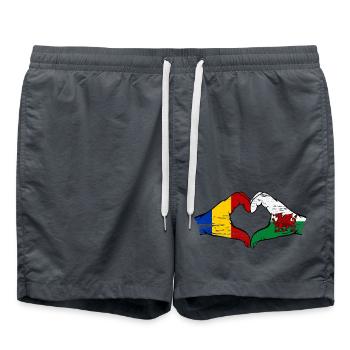 Roumanie Pays de Galles drapeau mains forme de coeur utilisé - Short de bain - charbon - Devant - AI Model Male 185 light (185cm)