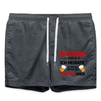 Bachelor Party Groom Outfit with Funny Saying - Swim Trunks - anthracite - Front - AI Model Male 185 light (185cm)
