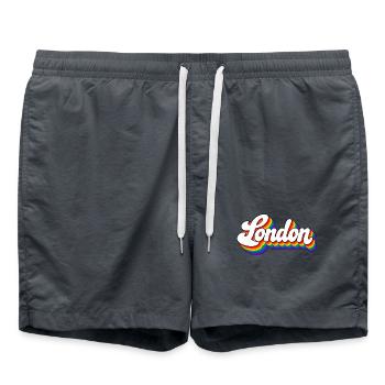London - Regenbogen Schrift - GB - Great Britain - Badeshorts - Anthrazit - Vorne - AI Model Male 185 light (185cm)