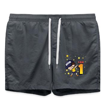 Boom I'm 1 | Birthday Boy | 1st Birthday Party - Swim Trunks - anthracite - Front - AI Model Male 185 light (185cm)