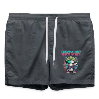 Streetstyle Katze Graffiti What Up Streetart - Badeshorts - Anthrazit - Vorne - AI Model Male 185 light (185cm)