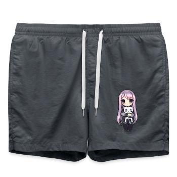 Anime Cats Kawaii Teen Otaku Girl With Cat - Swim Trunks - anthracite - Front - AI Model Male 185 light (185cm)