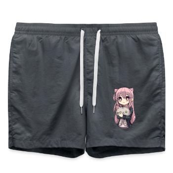 Anime Cats Kawaii Teen Otaku Girl With Cat - Swim Trunks - anthracite - Front - AI Model Male 185 light (185cm)