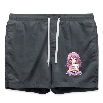 Kawaii Girl Anime Manga Fille et chat - Short de bain - charbon - Devant - AI Model Male 185 light (185cm)