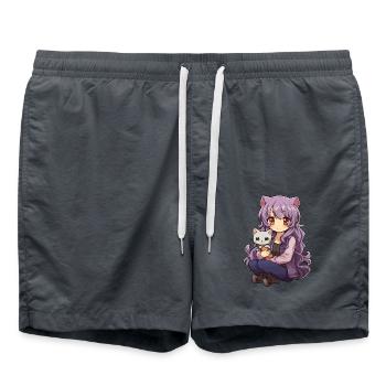 Kawaii Girl Anime Manga Fille et chat - Short de bain - charbon - Devant - AI Model Male 185 light (185cm)