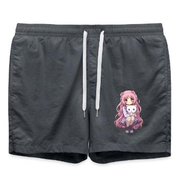 Kawaii Girl Anime Manga Fille et chat - Short de bain - charbon - Devant - AI Model Male 185 light (185cm)