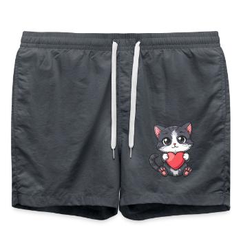 Chaton mignon tenant un coeur avec de grands yeux et rose - Short de bain - charbon - Devant - AI Model Male 185 light (185cm)