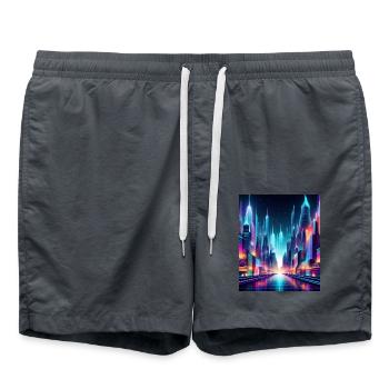 Futuristic Neon Cityscape – Vibrant Cyberpunk Art - Swim Trunks - anthracite - Front - AI Model Male 185 light (185cm)