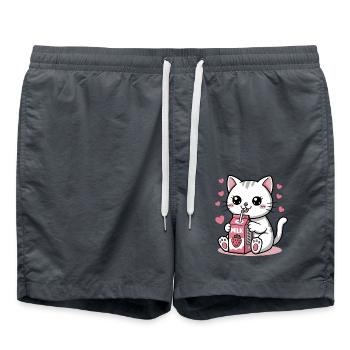 Chat Kawaii Buvant Lait de Fraise Mignon Japonais - Short de bain - charbon - Devant - AI Model Male 185 light (185cm)