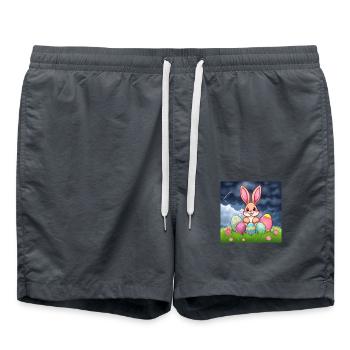 „Hoppelhase im Eierland“ - Badeshorts - Anthrazit - Vorne - AI Model Male 185 light (185cm)