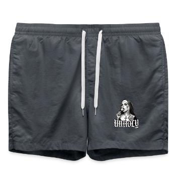 Unholy Nun – Tattoo Style Streetwear - Badeshorts - Anthrazit - Vorne - AI Model Male 185 light (185cm)