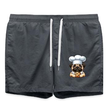 Mops Koch mit Keks - Badeshorts - Anthrazit - Vorne - AI Model Male 185 light (185cm)