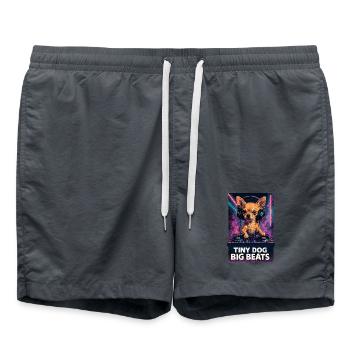 Chihuahua DJ: Tiny Dog Big Beats – Retro Neon - Badeshorts - Anthrazit - Vorne - AI Model Male 185 light (185cm)