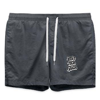 Schweizerdeutsch Spruch - Mir isch glich - Badeshorts - Anthrazit - Vorne - AI Model Male 185 light (185cm)