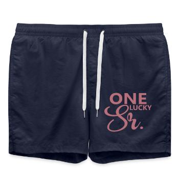 One Lucky Sr. Wedding Party Husband To Be Groom - Swim Trunks - french navy - Front - AI Model Male 185 light (185cm)