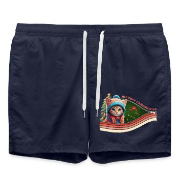 Meowy Christmas - Cute Kitten with Santa hat & - Swim Trunks - french navy - Front - AI Model Male 185 light (185cm)
