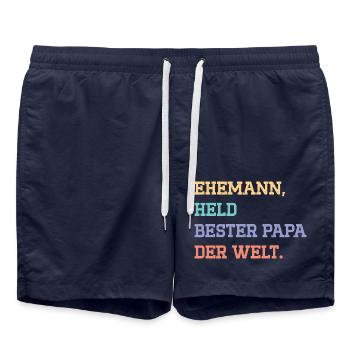 HUSBAND, HERO, BEST FATHER IN THE WORLD. - Swim Trunks - french navy - Front - AI Model Male 185 light (185cm)