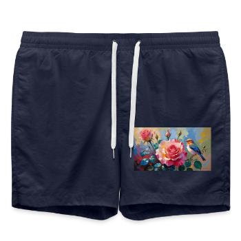 Bunte Harmonie – Rosenpracht mit Vogel in Ölmalere - Badeshorts - French Navy - Vorne - AI Model Male 185 light (185cm)