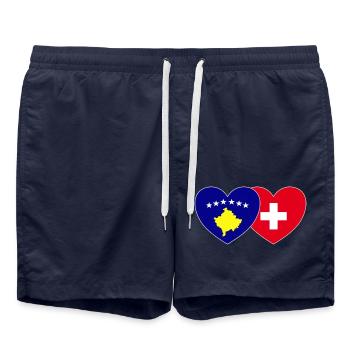 Kosovo Schweiz Flagge - Badeshorts - French Navy - Vorne - AI Model Male 185 light (185cm)