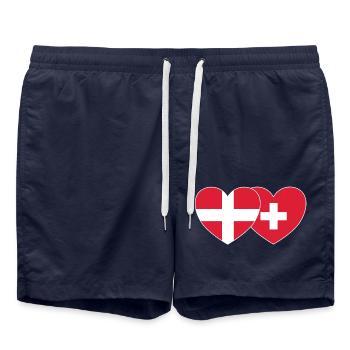 Denmark Switzerland Flag Heart - Swim Trunks - french navy - Front - AI Model Male 185 light (185cm)