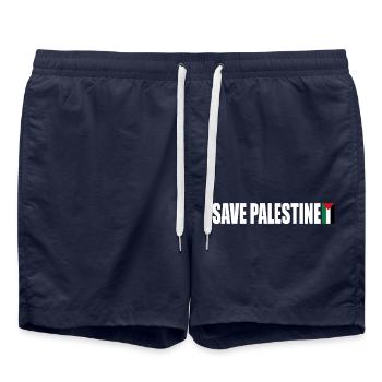 SAVE PALESTINE - Swim Trunks - french navy - Front - AI Model Male 185 light (185cm)